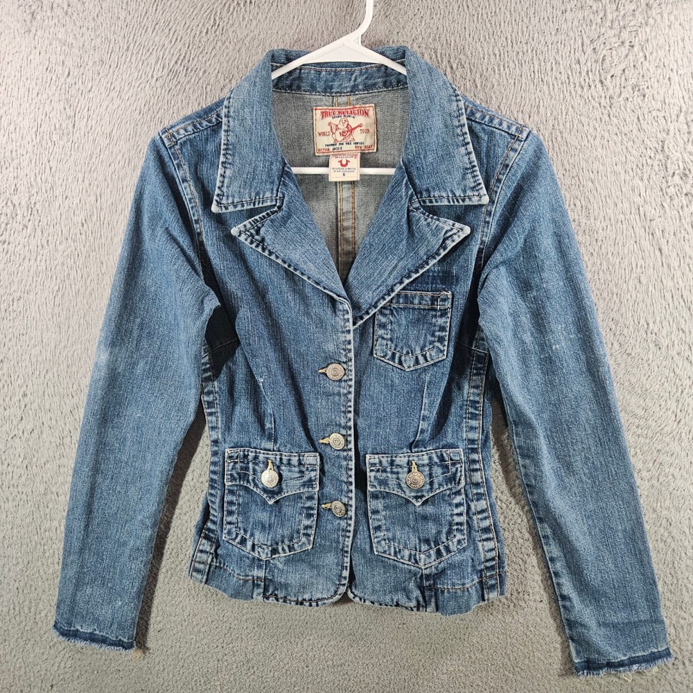 True Religion Jackie Denim Blazer Jacket Medium Wash Elbow Patches Blue Small